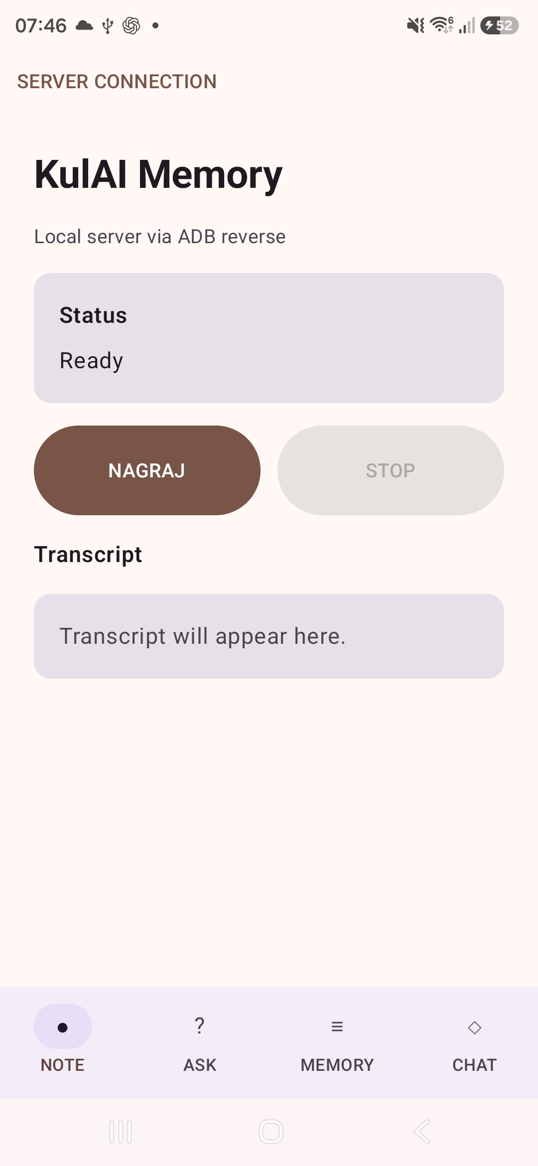 KulAI Memory Android voice note screen